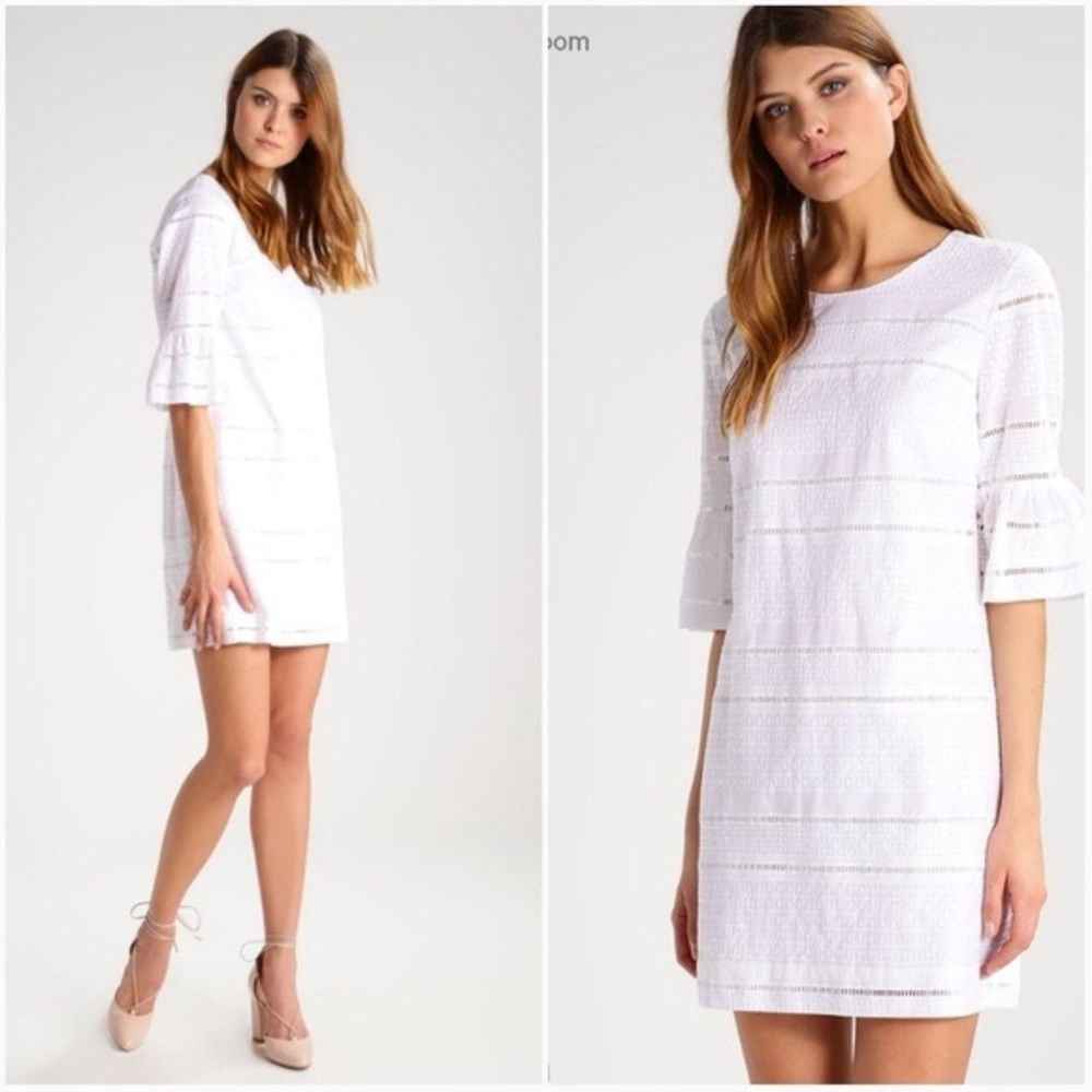 J. Crew Anelloni White Eyelet Lace Sheath Dress Bell Sleeve Tie Back Size 6